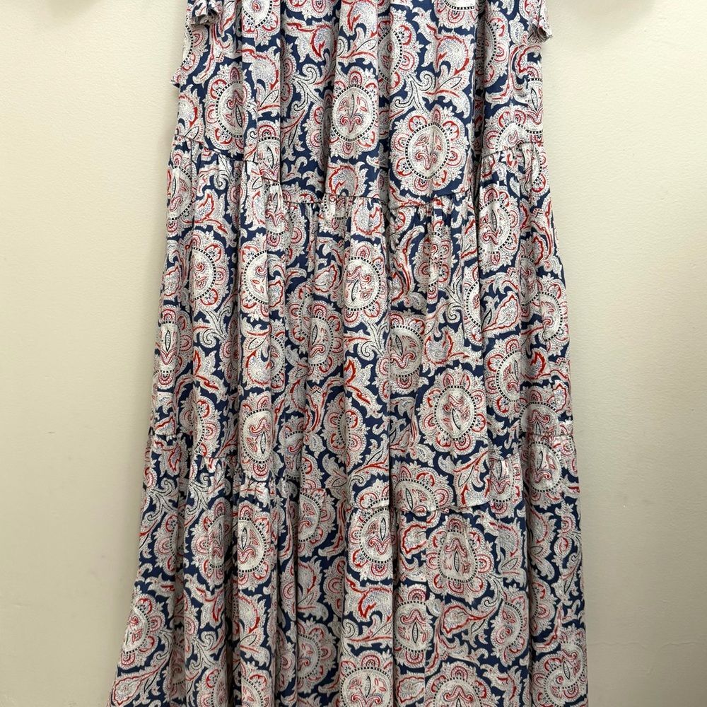NWT Mango x Chufy Soller Boho Maxi Tiered Dress Puff Sleeve Tassel Blue Red 4 - Picture 7 of 16